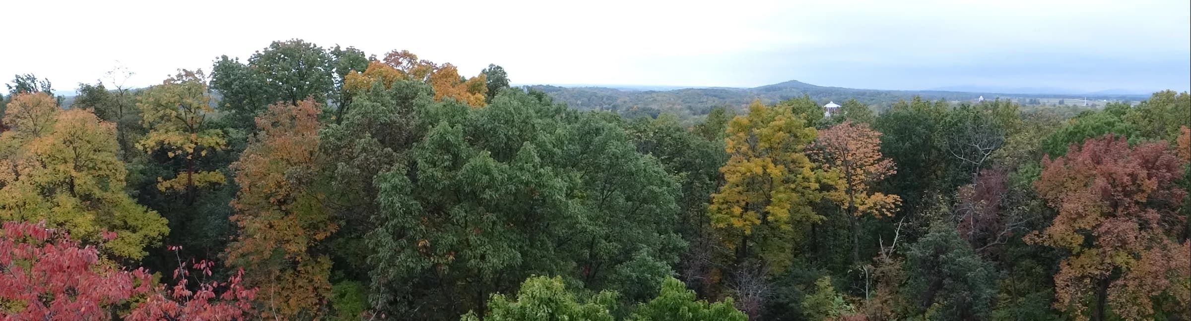 Autumn treetops and distant hills seen from the observation tower at Culp’s Hill, Gettysburg