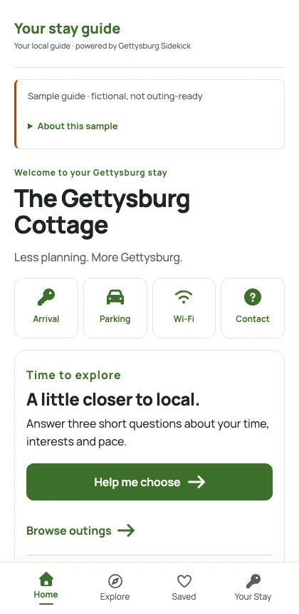 The working demonstration guide: Gettysburg Cottage welcome, stay shortcuts and Help me choose